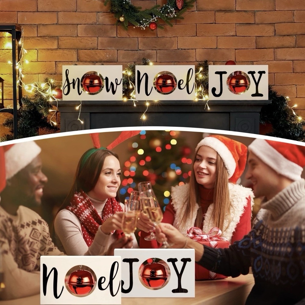 3Pcs Christmas Wooden Block Sign Decorations, Joy Snow Noel Rustic Chri...
